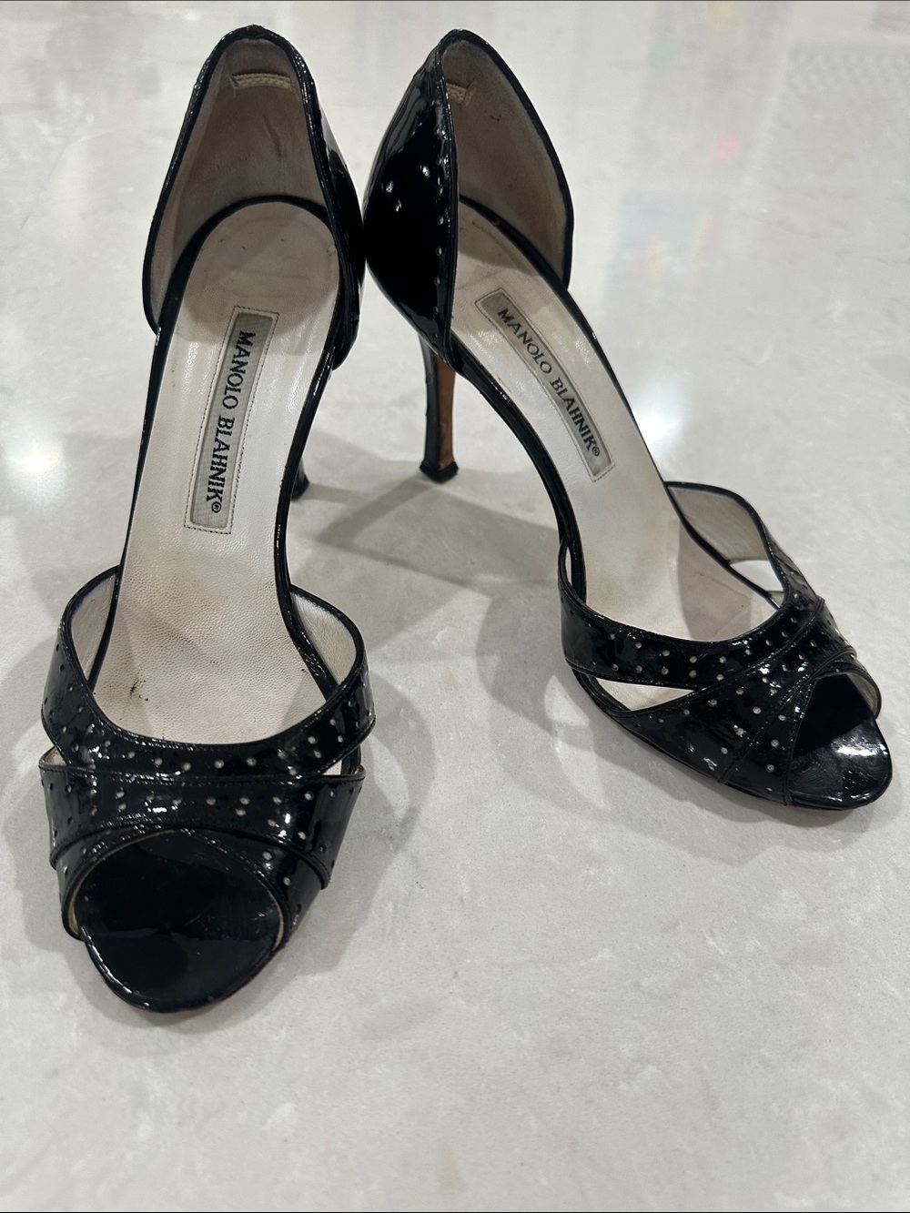 Manolo Blahnik 6 Black Patent D'Orsay Peep-Toe Heels with Stud Detail